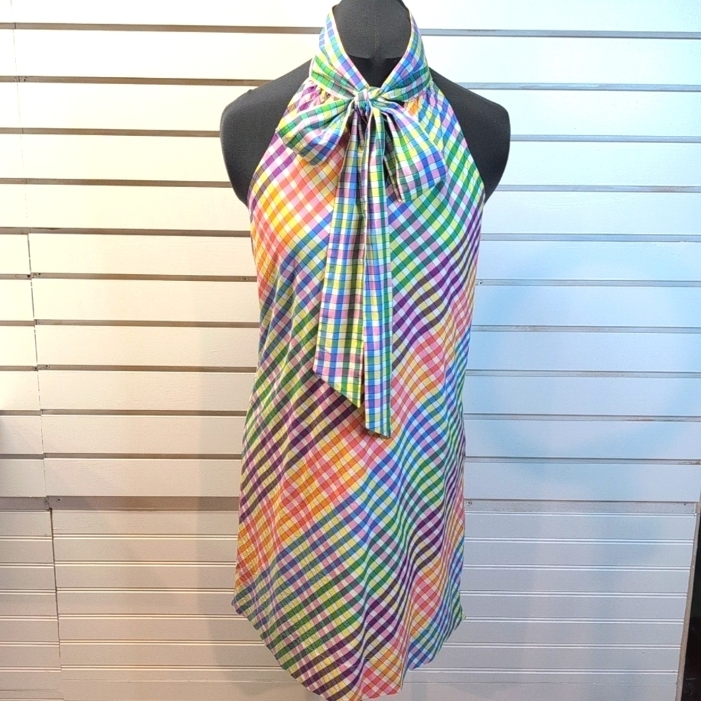 J Crew Woman's Gingham Tie Neck Cotton Sleeveless Shift Mini Dress Rainbow 2 - Picture 3 of 10